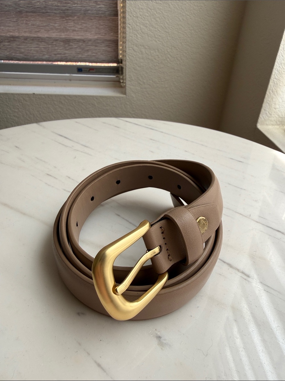 Women's Taupe Leather Belt with Gold Buckle